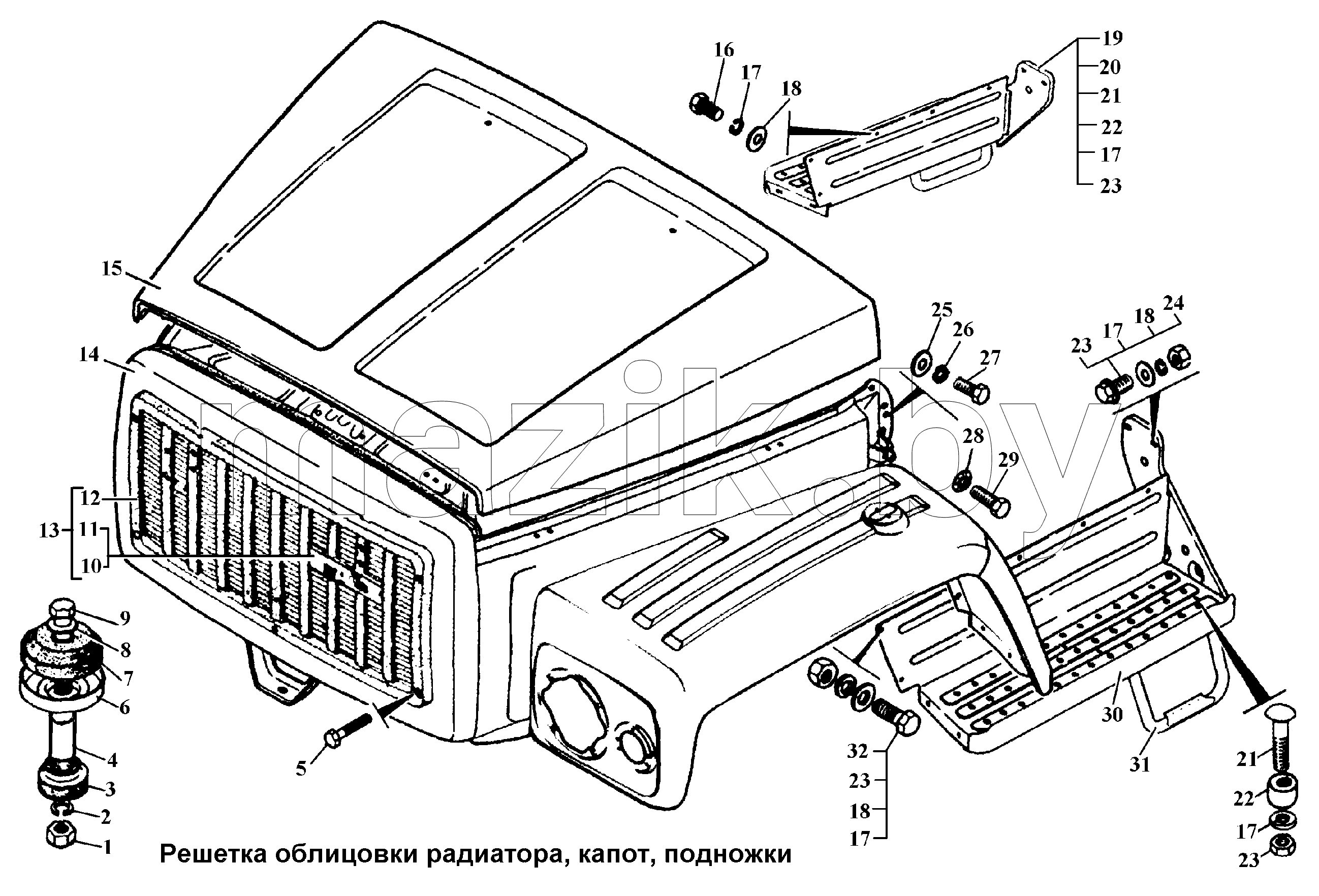 Решетка облицовки радиатора, капот, подножки
