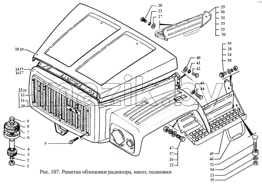 Решетка облицовки радиатора, капот, подножки