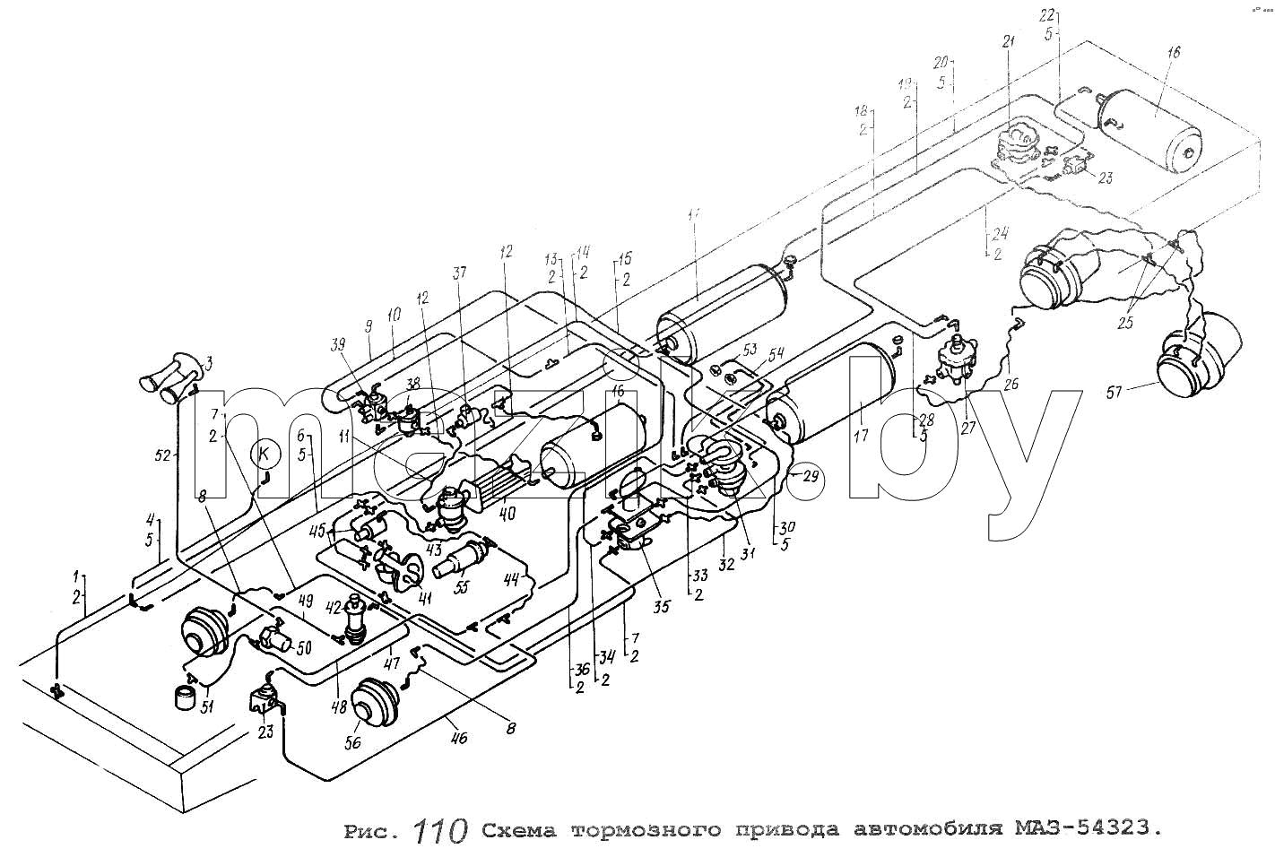 Схема тормозного привода автомобиля МАЗ-54323