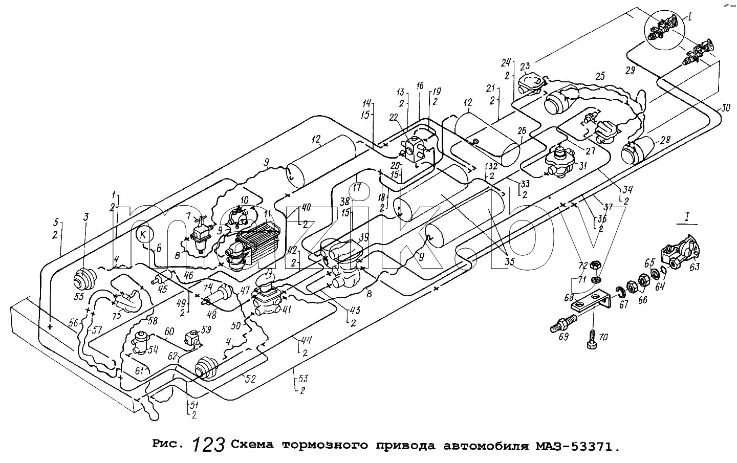 Схема тормозного привода автомобиля МАЗ-53371