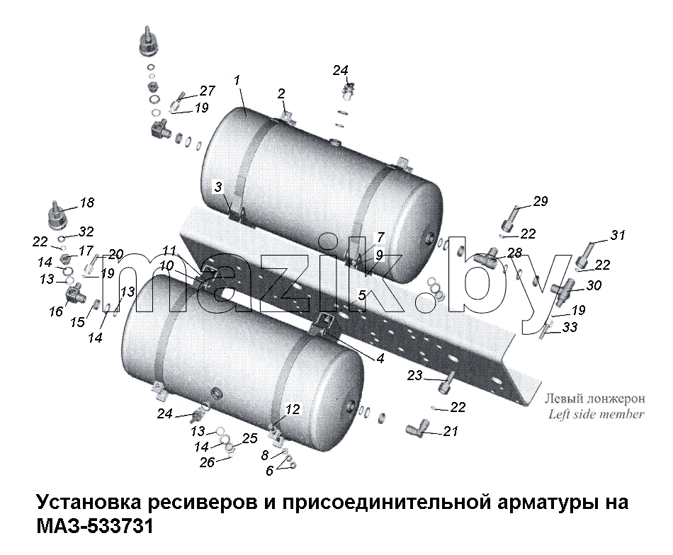Установка ресиверов и присоединительной арматуры МАЗ-533731
