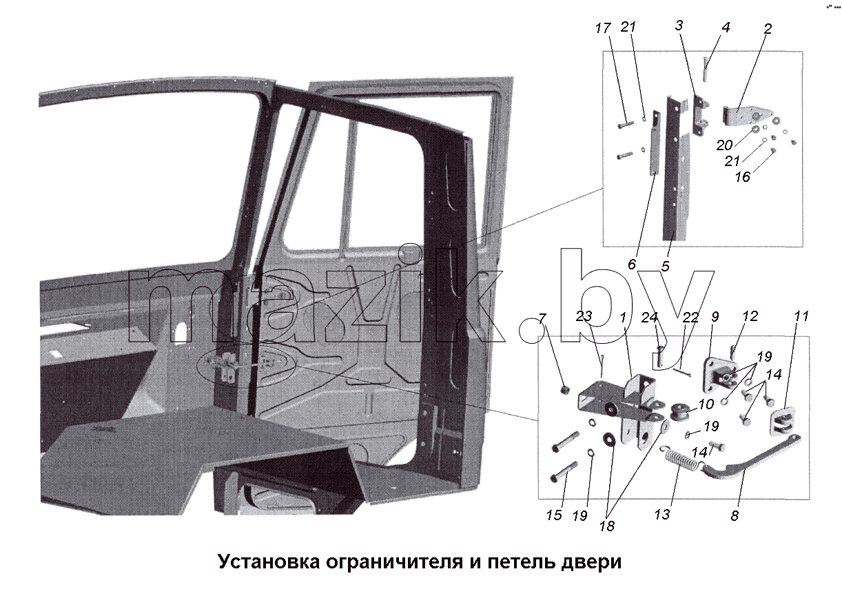 Установка ограничителя и петель двери