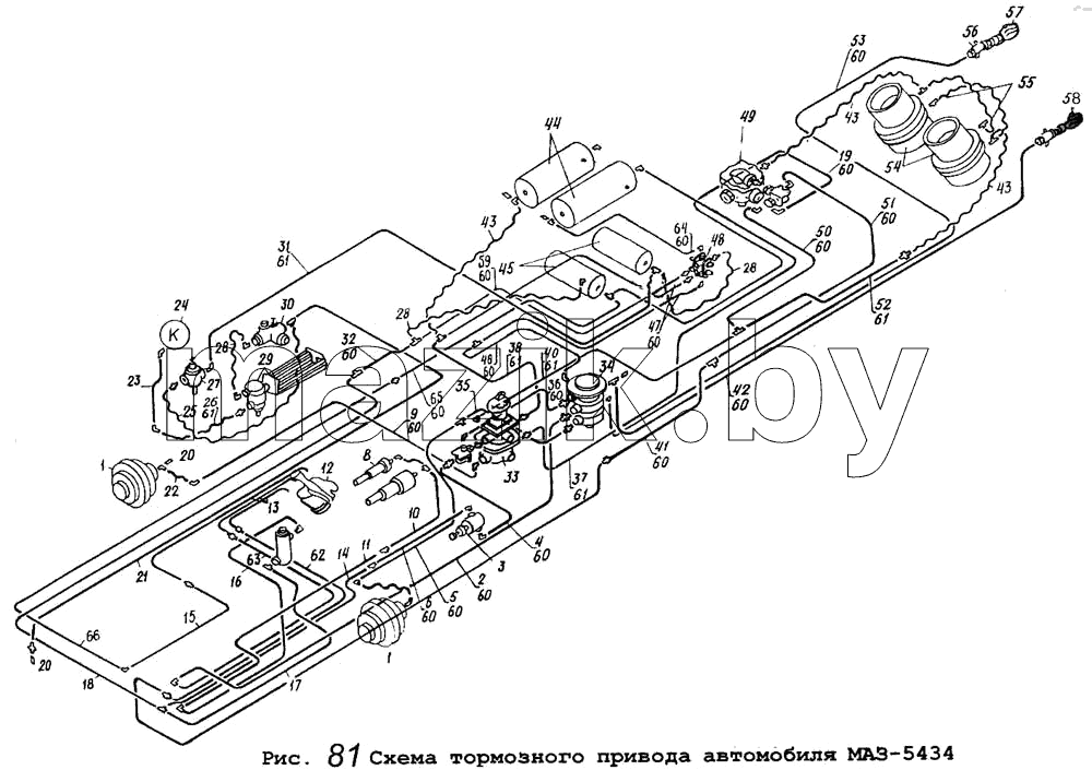 Схема тормозного привода автомобиля МАЗ-5434