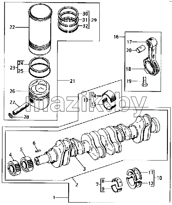 CRANKSHAFT, PISTONS AND CONNECTING RODS